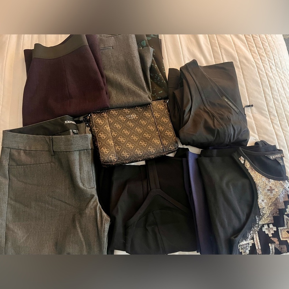 Bundle: Express Dresses, Pants, Skirts, Bebe corset dress & new Guess purse